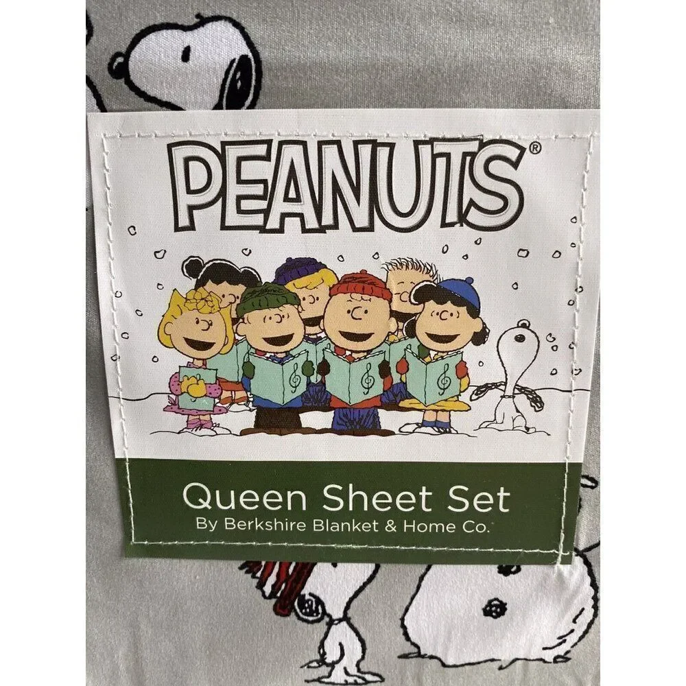 Peanuts Snoopy Woodstock QUEEN SIZE Sheet Set‎ Christmas Snowman Winter Grey NEW